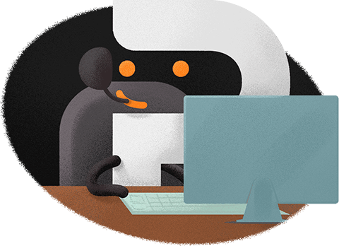 A cartoon character resembling a black and white panda with a friendly smile, sitting at a desk and working on a laptop.