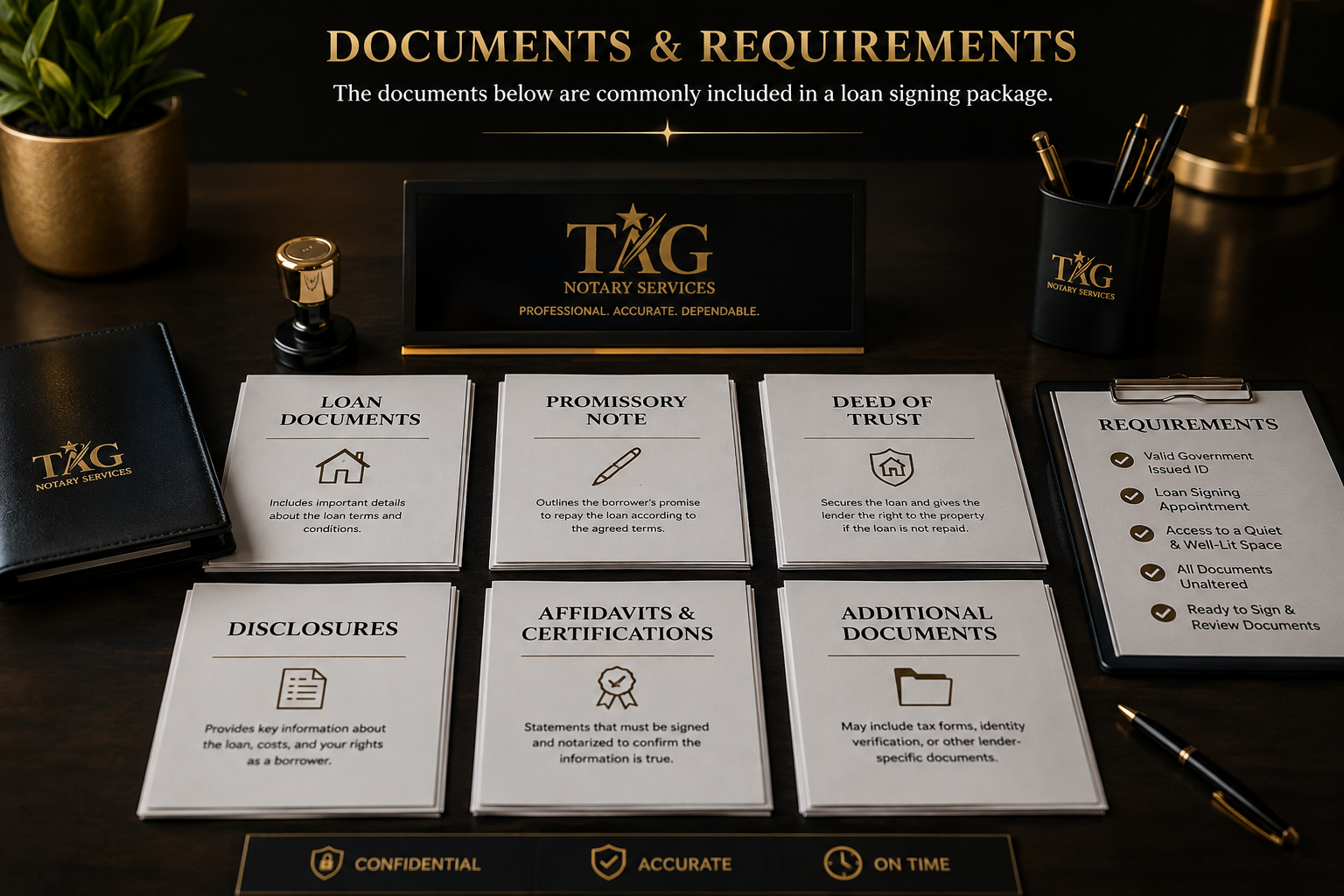 A tabletop display of legal and notarization documents for a loan signing service, including labeled stacks for loan documents, promissory note, deed of trust, disclosures, affidavits, certifications, and additional documents, with branding for TAG Notary Services, a pen, a self-inking stamp, a clipboard with requirements, and a black notary journal on a dark wooden surface, illuminated with warm lighting and a plant in a gold pot in the background.
