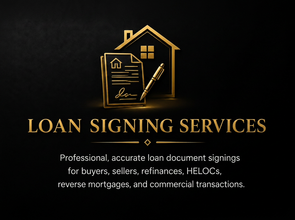 Logo for loan signing services with a gold house and document icon, and text stating 'Loan Signing Services' with a description of professional loan document signing for buyers, sellers, refinances, HELOCS, reverse mortgages, and commercial transactions.
