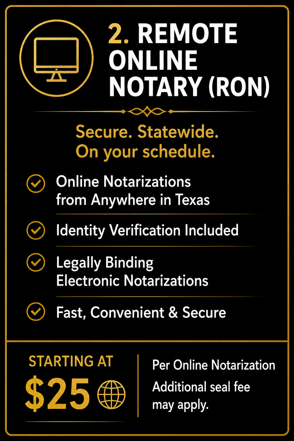 Texas Remote Online Notary (RON) services with identity verification, legally binding electronic notarizations, and statewide online notarization.
