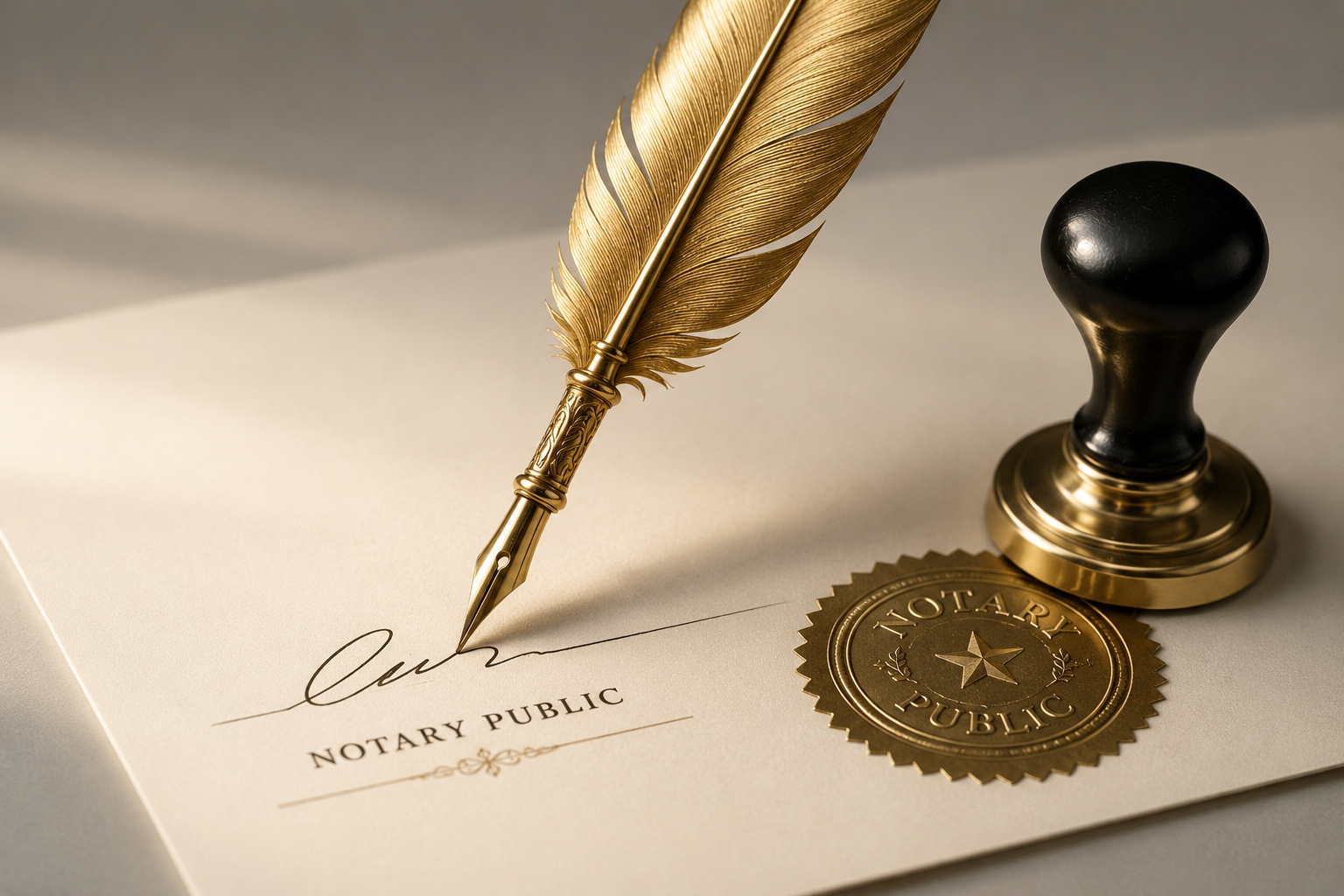 A gold feather quill pen signing a document labeled 'Notary Public,' with a gold seal and a stamp nearby.