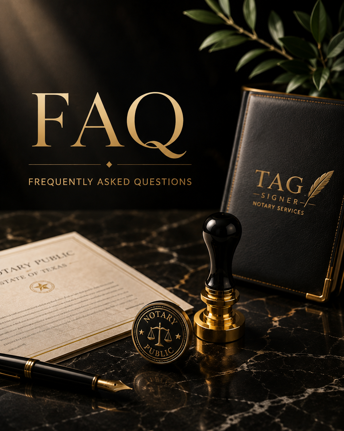 Legal-related items on a marble surface, including a notary public certificate, a black and gold stamp, a gold and black stamp handle, a pen, and a black folder with gold lettering that reads "TAG Signer Notary Services."