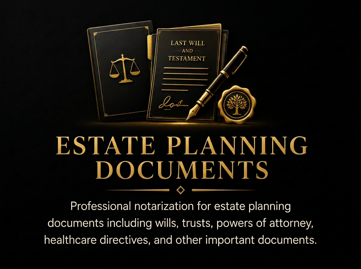 Black background with gold-colored estate planning documents, including a last will and testament, a folder with a balance scale symbol, a pen, and a seal with a tree symbol. Text says 'Estate Planning Documents' and details legal services for estate planning.