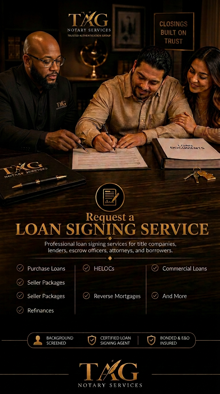 Three people sitting at a desk signing documents for a loan signing service, with a man in a black suit and glasses on the left, a man in a tan shirt in the middle, and a woman on the right smiling. The background has a sign that reads "Closing Built on Trust" and a logo that says "TAG Notary Services." The desk has folders labeled "Loan Documents" and a pen.