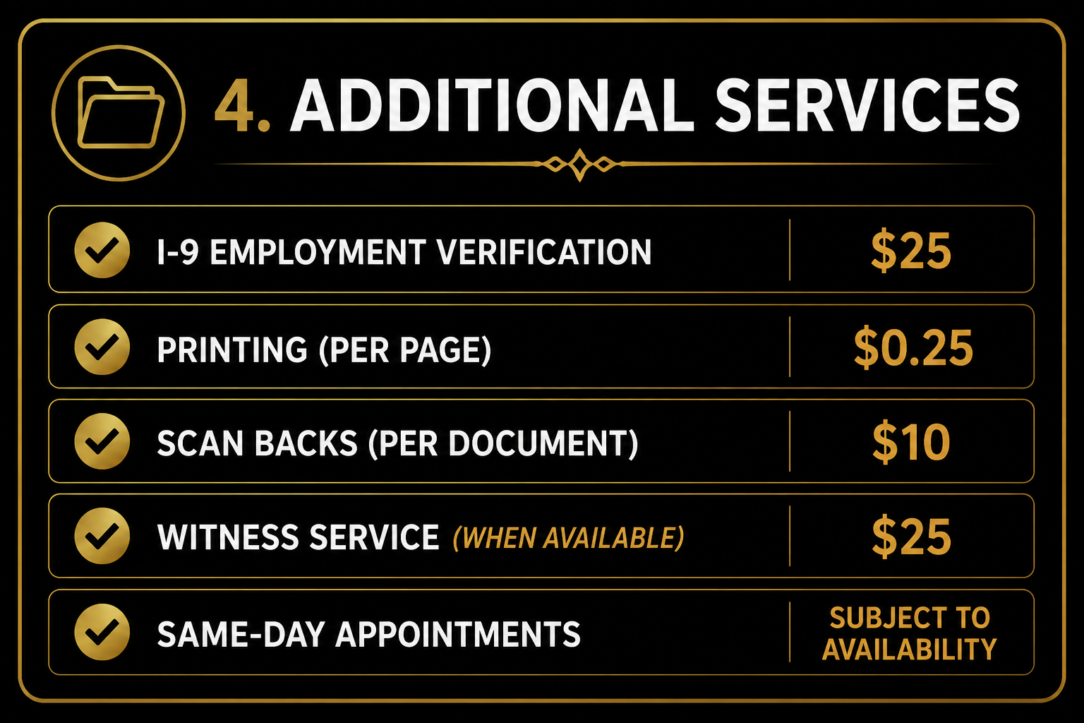 Additional Texas notary services including I-9 Employment Verification, printing, scan backs, witness services, and same-day mobile notary appointments in Fort Worth and surrounding communities.