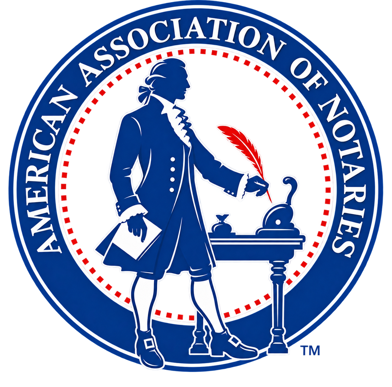 Seal of the American Ceramic Association of Notaries, featuring a historical figure holding a quill pen, standing next to a desk with a stamp, surrounded by a circular blue border with the organization's name.