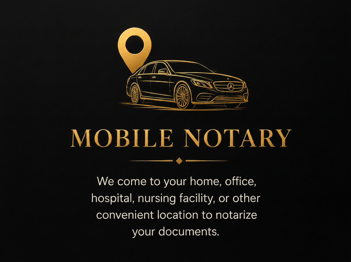 A digital illustration of a car with a location pin on top, along with the text "Mobile Notary" and a description about coming to your home, office, hospital, nursing facility, or other locations to notarize documents.