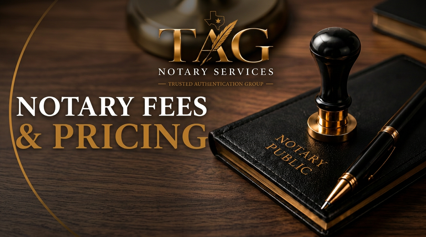 Texas notary fees and pricing for mobile notary, Remote Online Notary (RON), and loan signing services offered by TAG Notary Services in Fort Worth and throughout Texas.