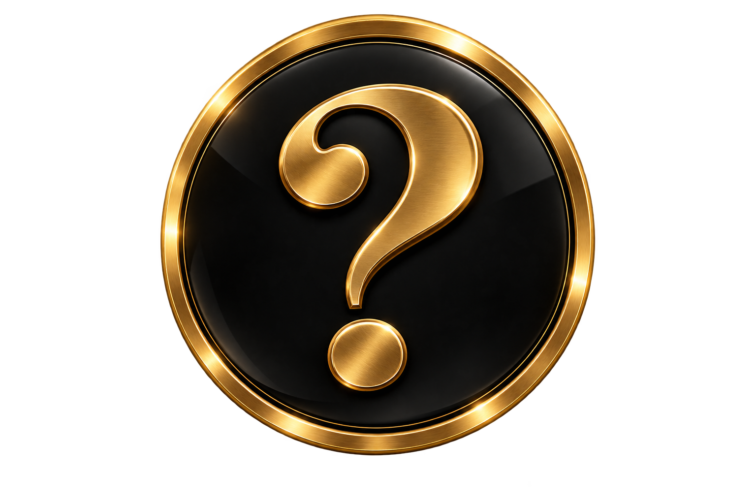 A circular emblem with a gold outer rim and gold question mark in the center on a black background.