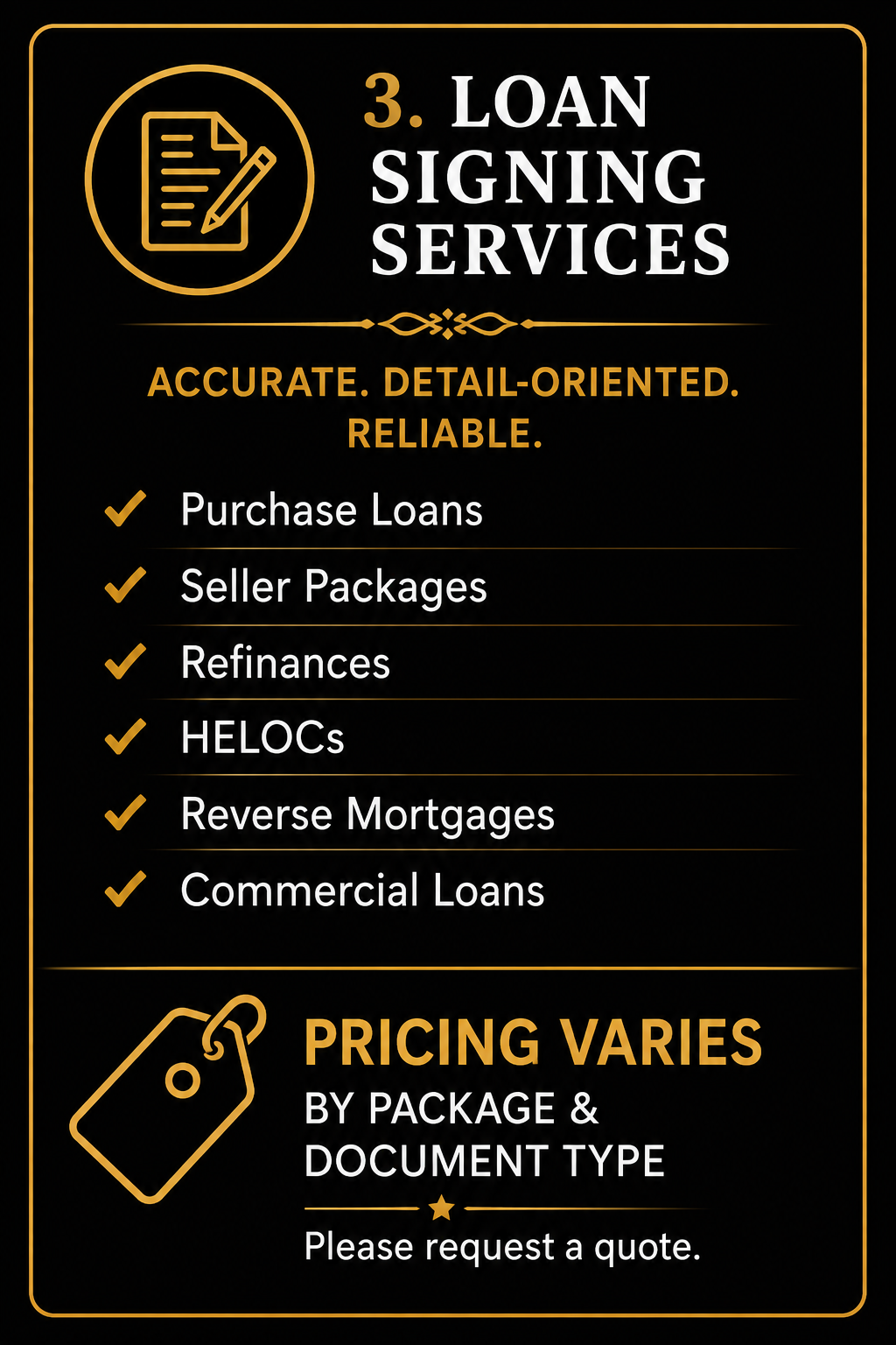 Texas loan signing services for purchase loans, seller packages, refinances, HELOCs, reverse mortgages, and commercial loans.