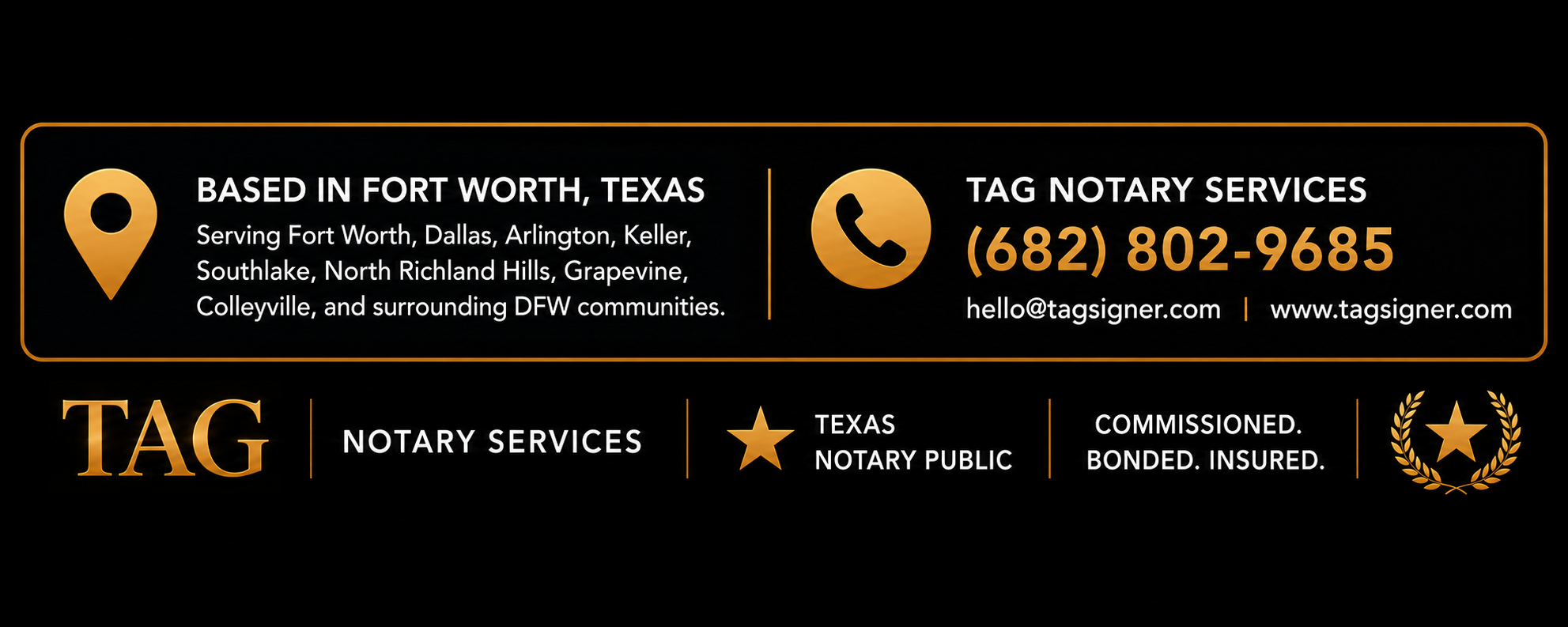 TAG Notary Services contact banner featuring phone number, email, website, Dallas–Fort Worth service area, and Texas commissioned, bonded, and insured credentials.