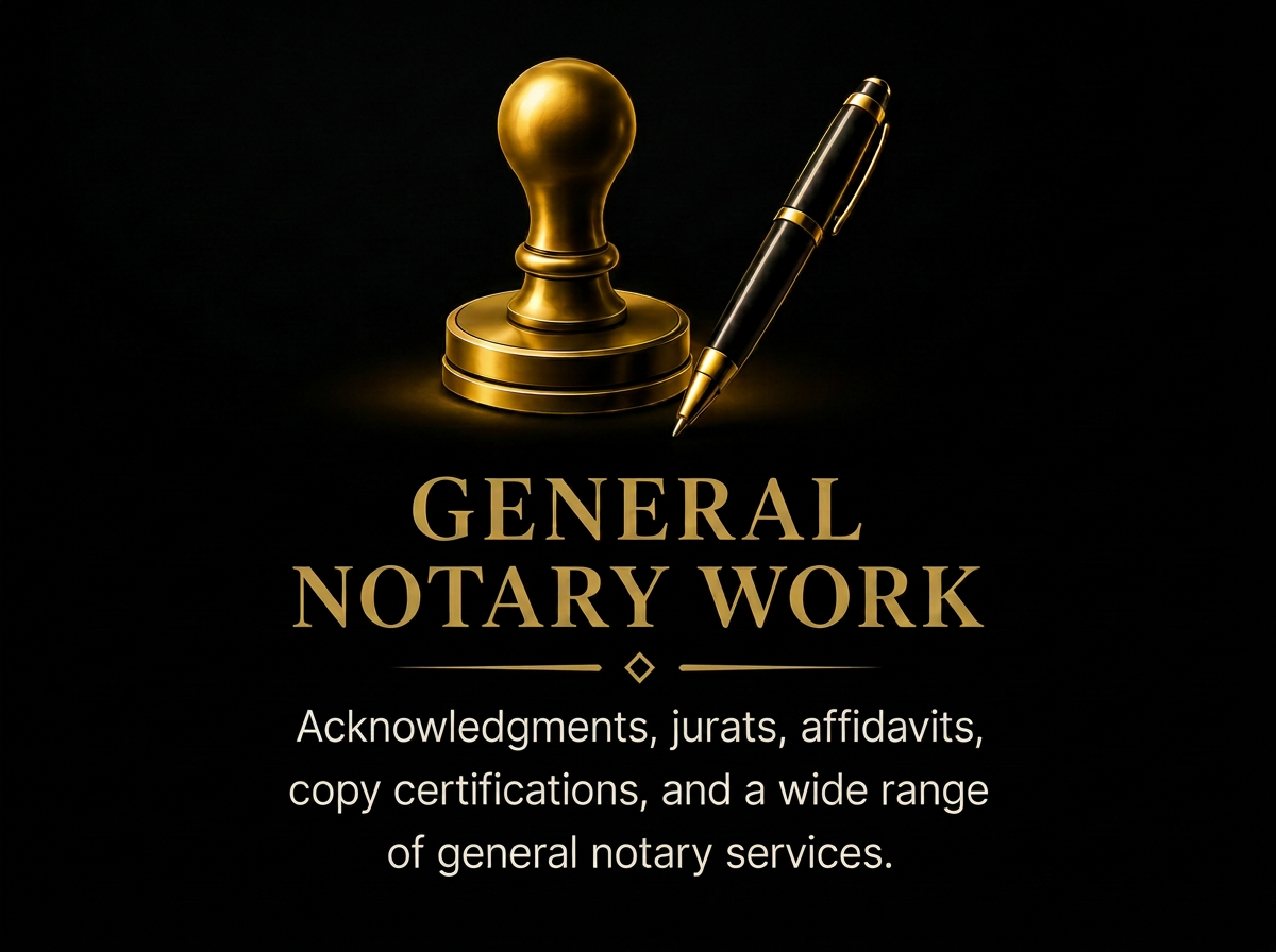 Golden stamp and pen with text 'General Notary Work' and description of notary services on a black background.