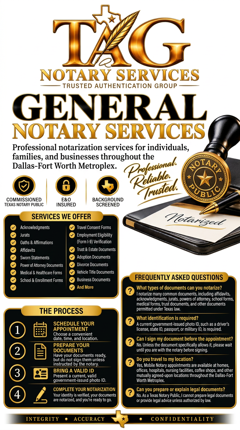 Advertisement for TAG Notary Services offering general notary services in the Dallas-Fort Worth Metroplex, with details on services, process, and frequently asked questions.