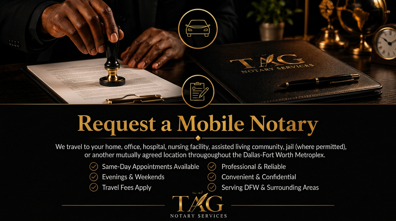 Texas mobile notary services including acknowledgments, jurats, oaths, certified copies where permitted, hospital visits, nursing facilities, jail notarizations, assisted living, homes, and business appointments.