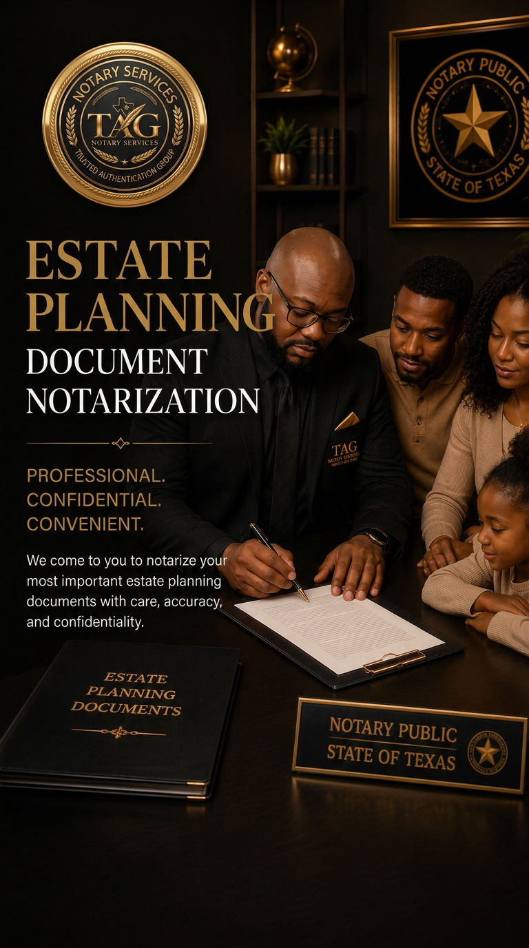 TAG Notary Services assisting a family with estate planning document notarization in the Dallas–Fort Worth Metroplex.
