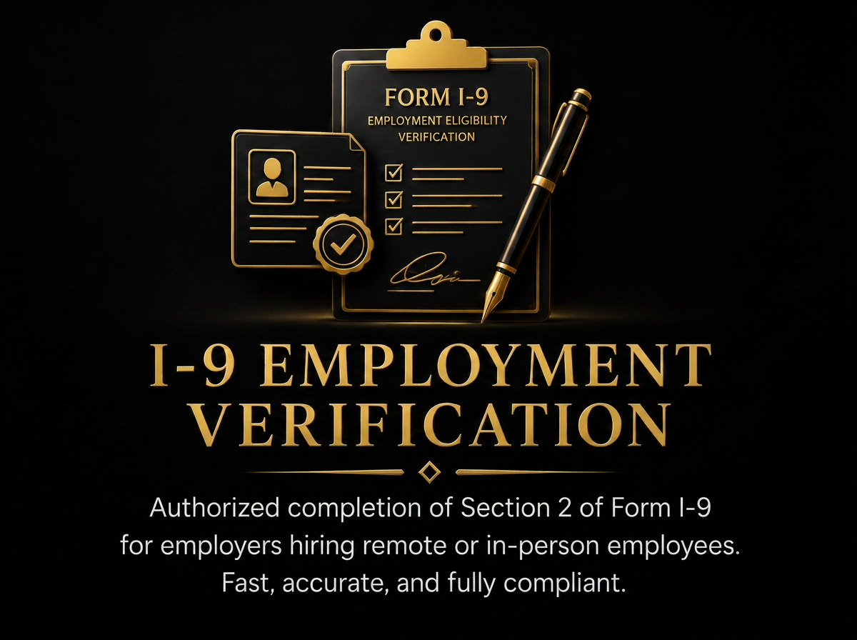 A black and gold graphic related to I-9 employment verification with icons of documents, checkmarks, a signature, and a pen, along with the text 'I-9 Employment Verification' and information about completing Section 2 of Form I-9 for employer hiring processes.
