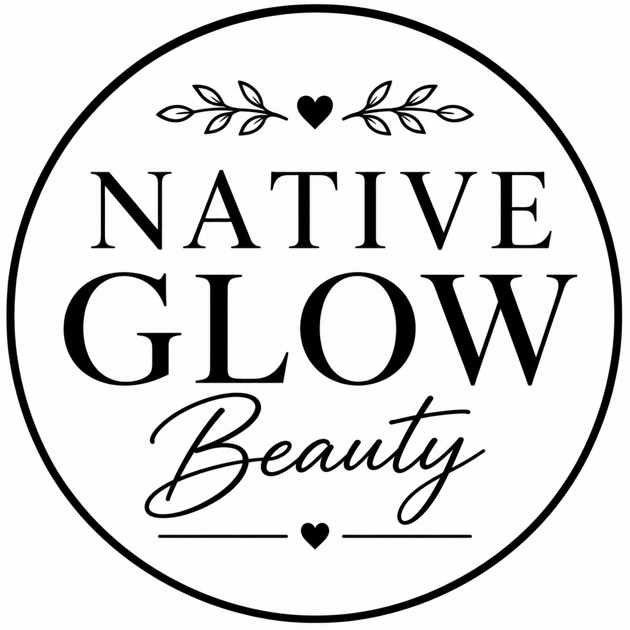 A black and white logo with a circular border that says "Native Glow Beauty" with decorative leaves and hearts.