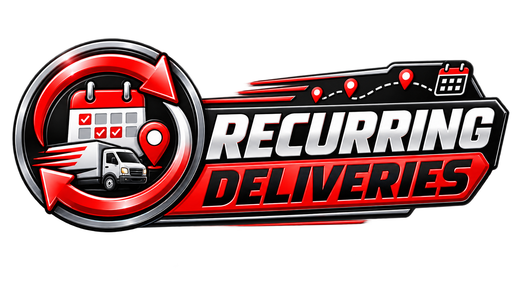 Logo for recurring deliveries featuring a delivery truck, a calendar with checkmarks, and a delivery route map with pins and arrows, in black, white, and red colors.