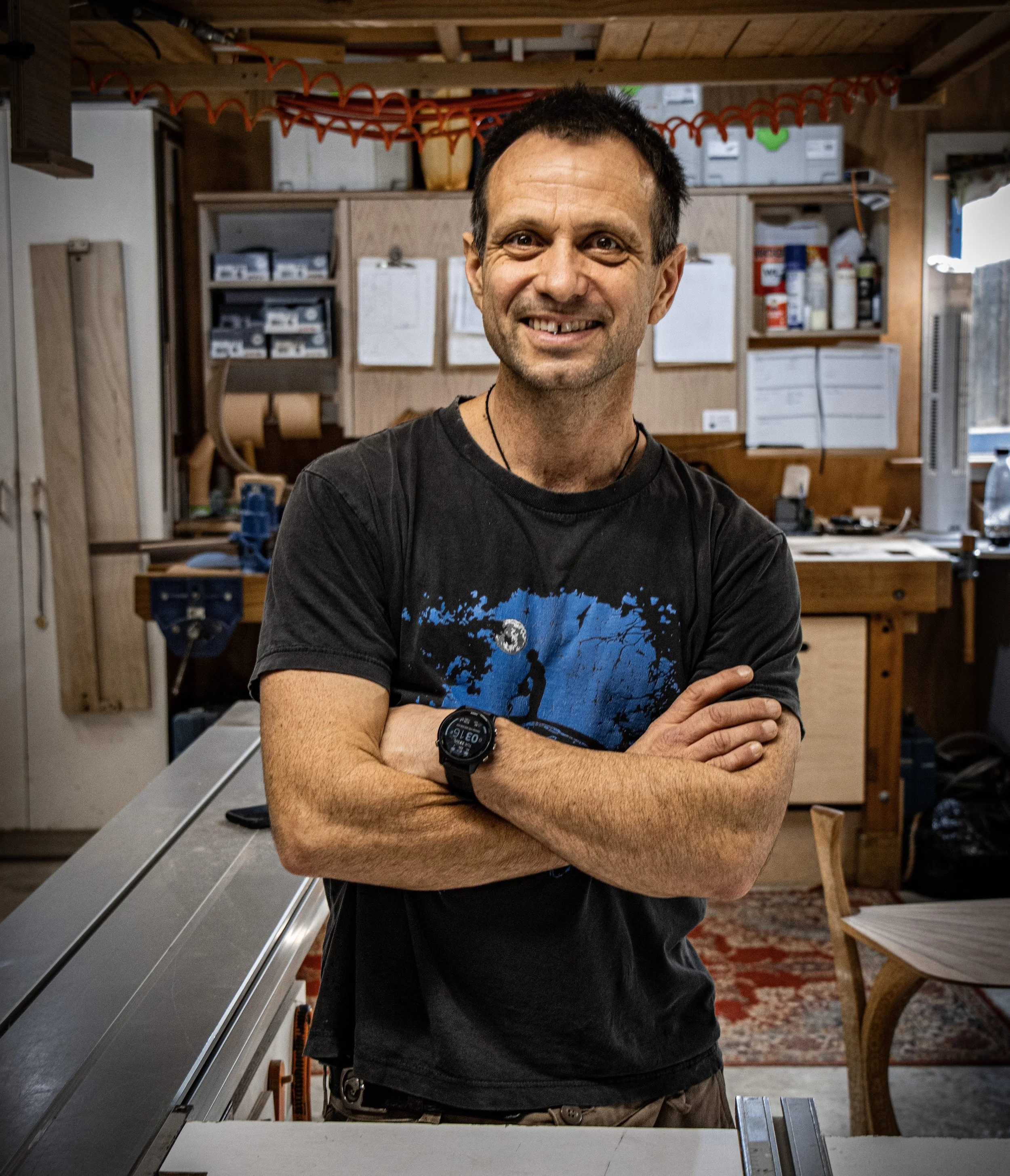 Ben Grant, furniture designer and maker, in his BGF Studio workshop in Raglan, New Zealand