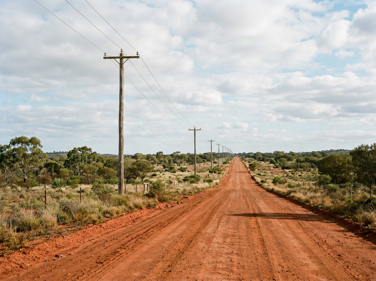 A long dirt road with tire tracks stretches through a semi-arid landscape with sparse trees and bushes, under a partly cloudy sky with power lines running alongside.