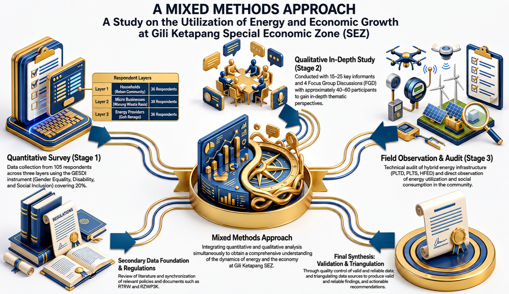 Diagram illustrating a mixed methods research approach to studying energy utilization and economic growth at Gili Ketapang Special Economic Zone. The process includes three stages: quantitative survey, qualitative in-depth study, and field observation & audit, integrated into a comprehensive analysis.