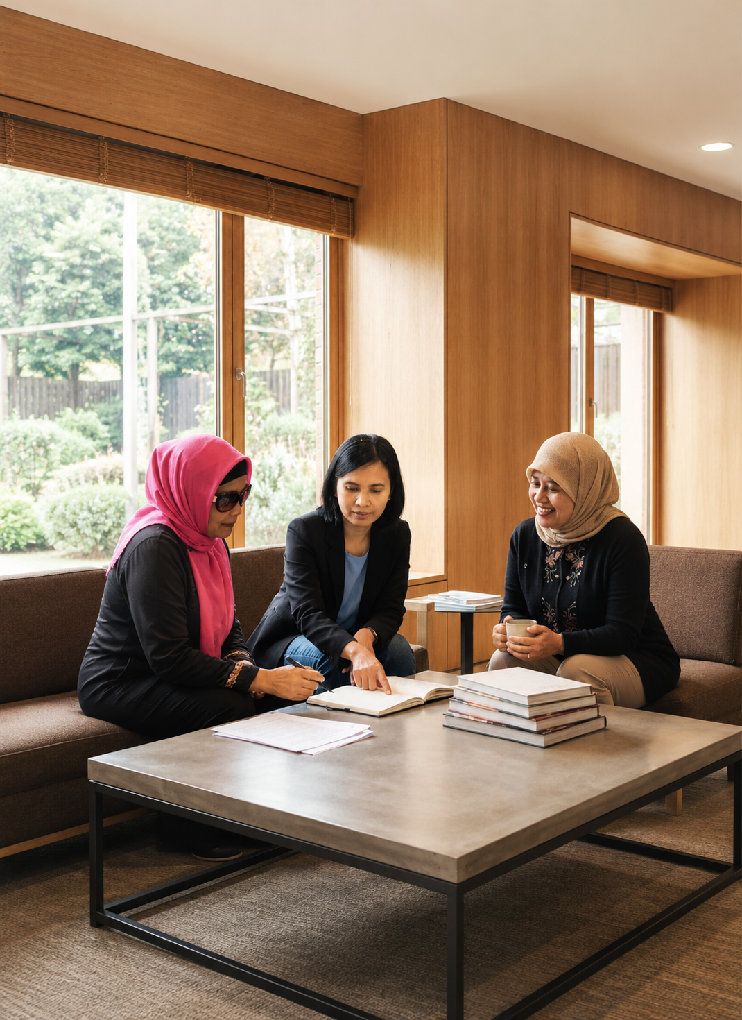 Three women sitting at a table in a room with large windows, engaged in a discussion with books and papers in front of them.