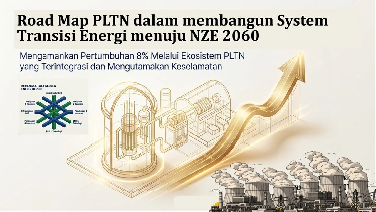 Diagram illustrating Indonesia's plan for renewable energy development and transition to a sustainable energy system by 2060, including a graph, a futuristic energy infrastructure illustration, and an industrial area with cooling towers emitting smoke.