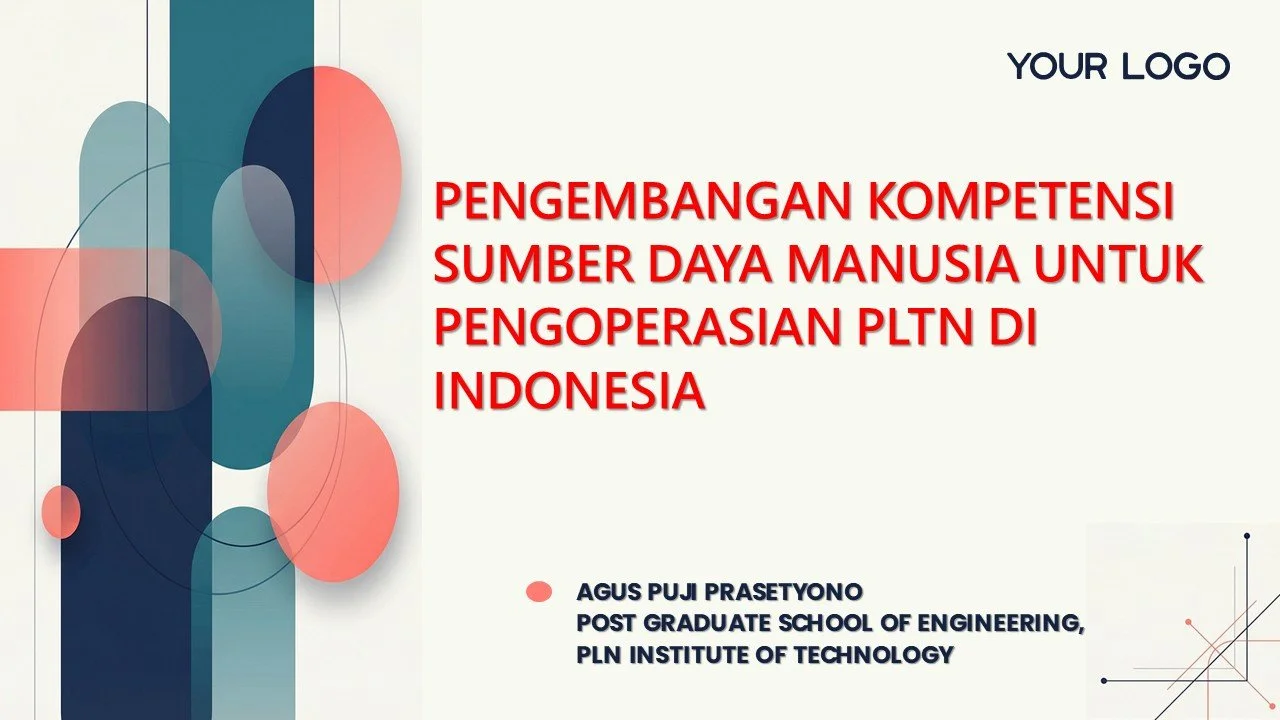 Title slide of a presentation with geometric design elements, placeholder for logo, and text in Indonesian about developing human resource competence for power plant operation in Indonesia, attributed to Agus Puji Prasetyo from PLN Institute of Technology.