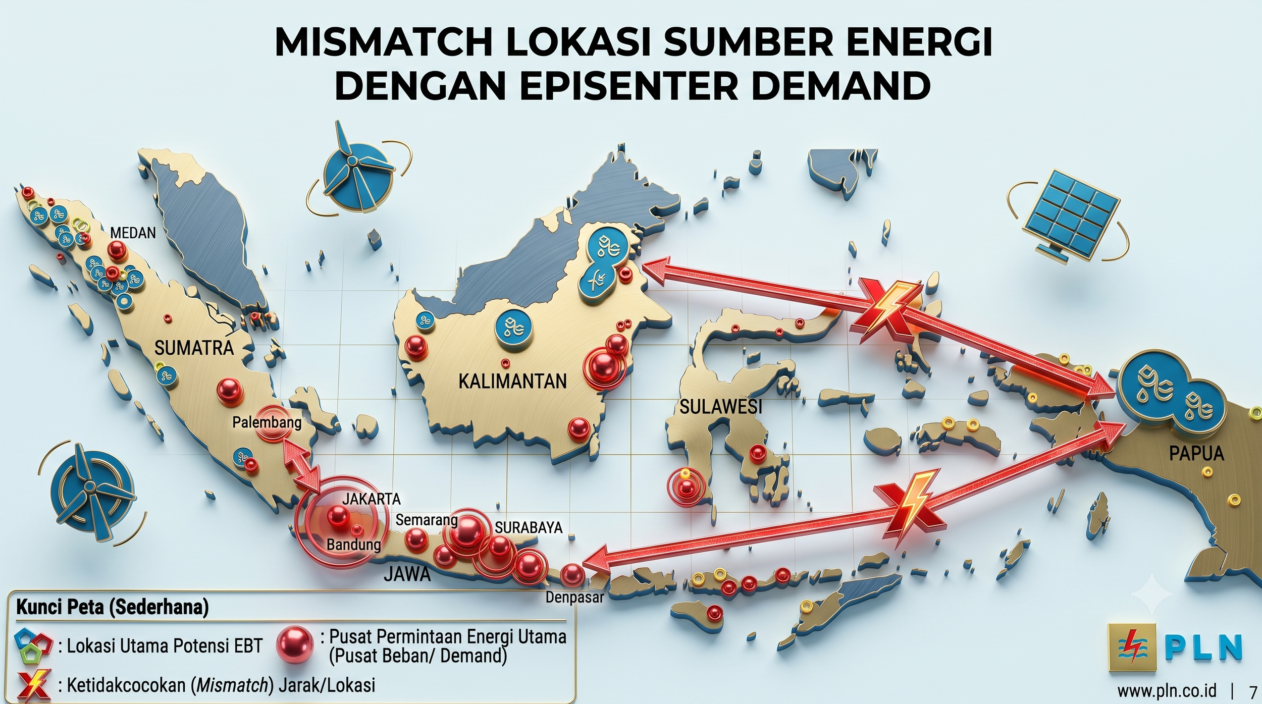 A map of Indonesia showing energy potential and demand in various regions, with highlighted areas like Medan, Sumatra, Kalimantan, Sulawesi, Papua, and cities such as Jakarta, Semarang, Bandung, Surabaya, and Denpasar. It includes symbols for energy potential and demand centers, and red arrows indicating energy mismatches across regions.