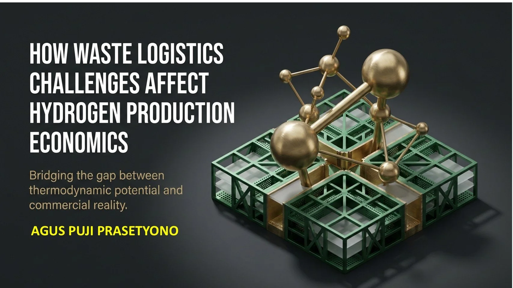 Book cover titled 'How Waste Logistics Challenges Affect Hydrogen Production Economics' with a 3D model of a hydrogen molecule on a green circuit-like structure.