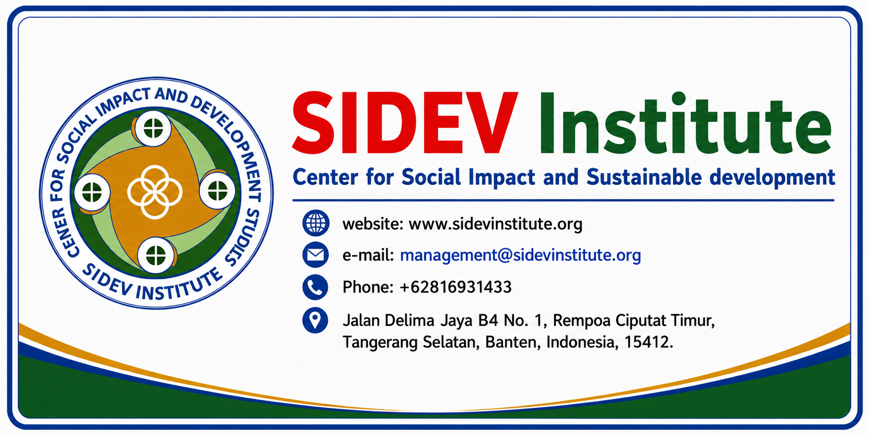 Business card for SIDEV Institute, featuring the logo and contact information, including website, email, phone, and address.