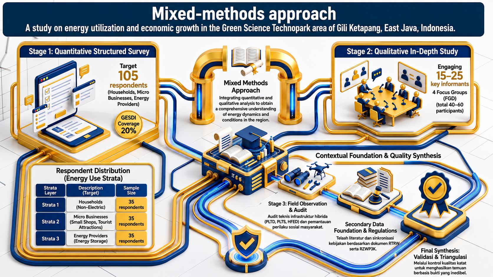 Flowchart illustrating a mixed-methods approach for studying energy utilization and economic growth in Gili Ketapang, East Java, Indonesia, with stages including quantitative structured surveys, qualitative in-depth studies, field observations, data analysis, and validation.