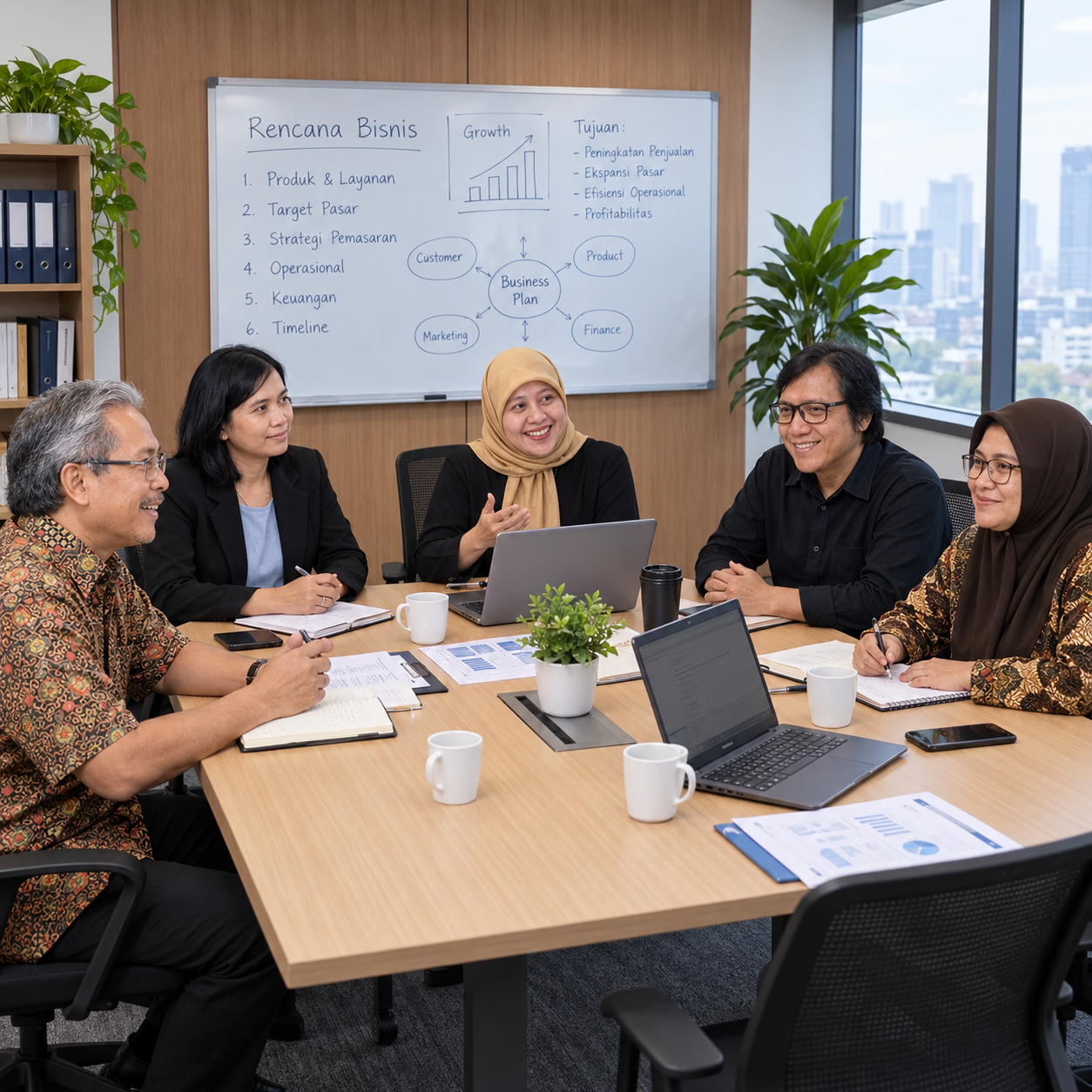 A group of six diverse professionals in a meeting room having a discussion during a business meeting. There are laptops, notebooks, and coffee mugs on the table. A whiteboard behind them shows a business plan and growth chart.