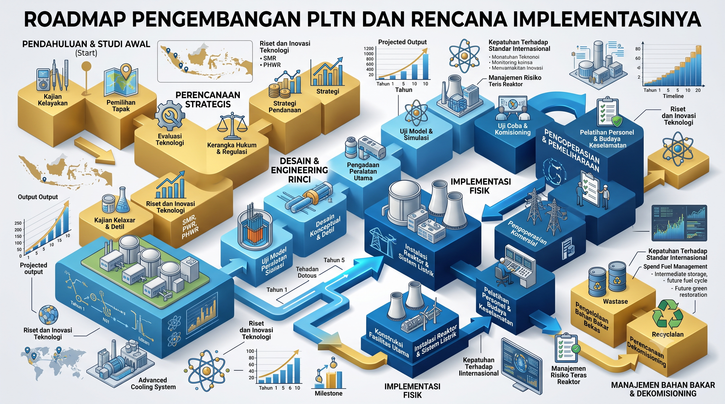 A detailed roadmap infographic in Indonesian illustrating the development and implementation plan for PLTN, including phases like initial study, strategic planning, design, physical implementation, and safety management, with charts and icons representing technology, regulation, testing, and safety procedures.