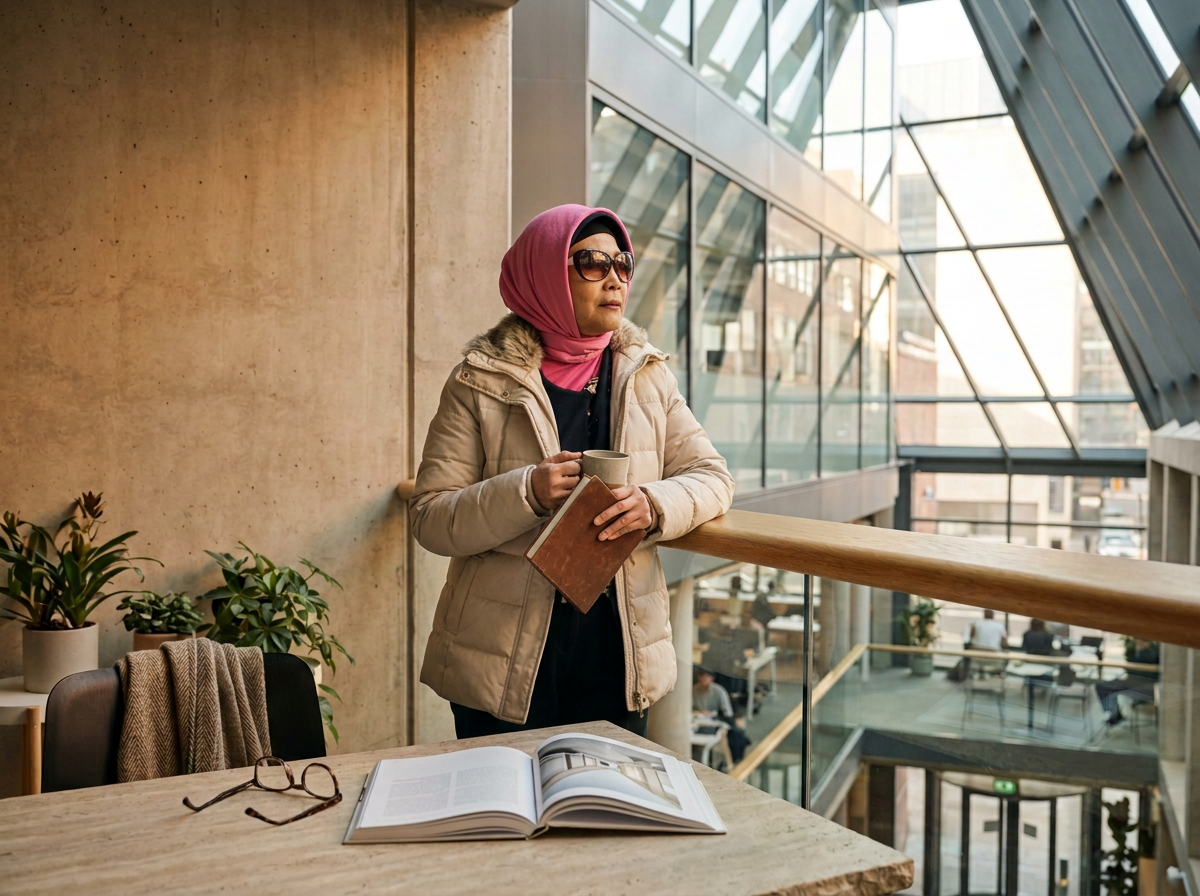 A woman in a pink headscarf, sunglasses, and beige coat standing by a wooden railing in a modern building with glass walls, holding a mug and a notebook, with an open magazine and glasses on the table in front of her.