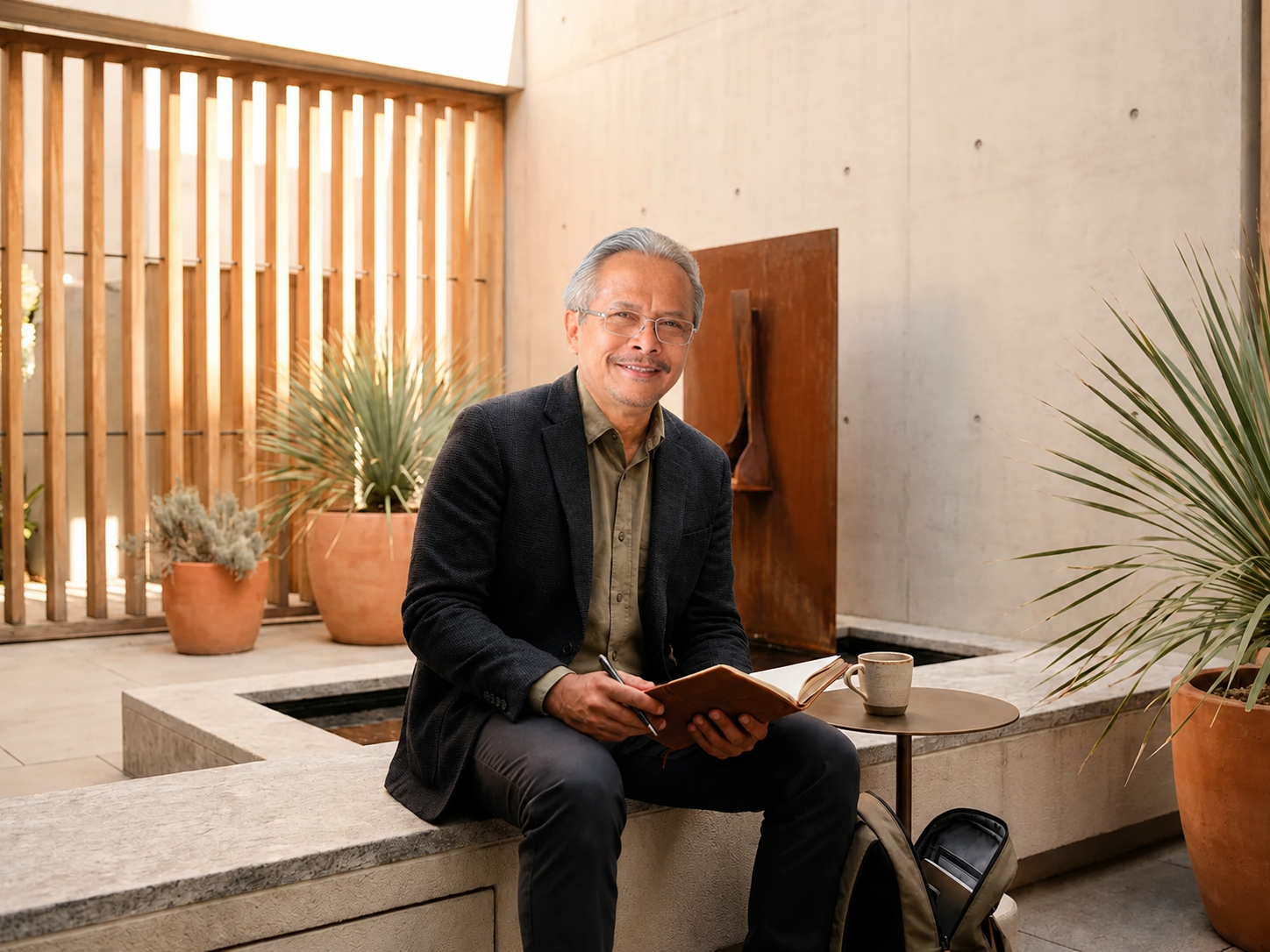 A middle-aged man with gray hair and glasses sitting on a concrete ledge, holding an open notebook and pen, smiling at the camera. He is wearing a green shirt and a dark jacket. In front of him is a small table with a ceramic mug. Behind him are large potted plants, a wooden slat fence, and a modern concrete wall.