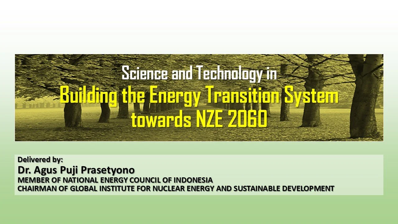 PowerPoint presentation slide titled "Science and Technology in Building the Energy Transition System towards NZE 2060" with a background image of trees and a person walking in a park, and a text box with the presenter’s name and credentials.