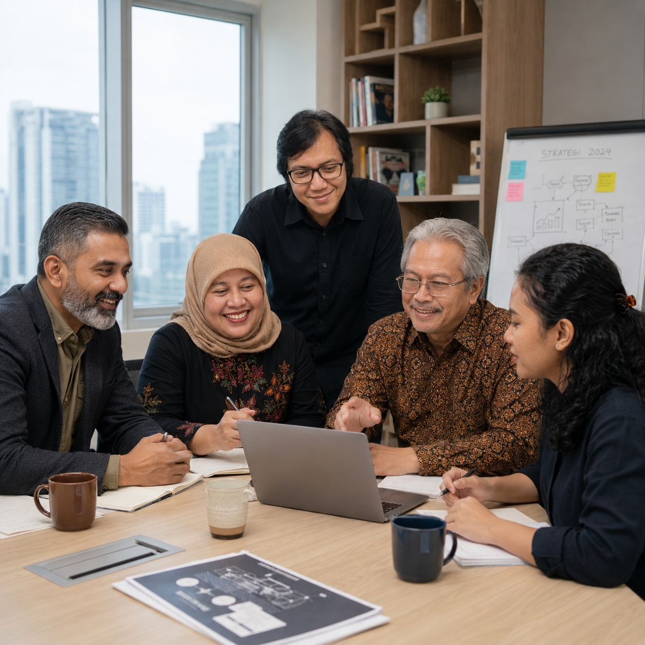 A diverse group of six people gathered around a table in a modern office, smiling and looking at a laptop. There are notebooks, cups, and a chart on the table, with a cityscape view through large windows and a whiteboard with diagrams in the background.