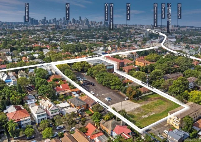 Aerial view of a Stanmore with streets and a building, with labels pointing to landmarks. White outline marks a specific property between Stanmore Road, Emoroe Road, and Tupper Street. Sydney city is in the background.