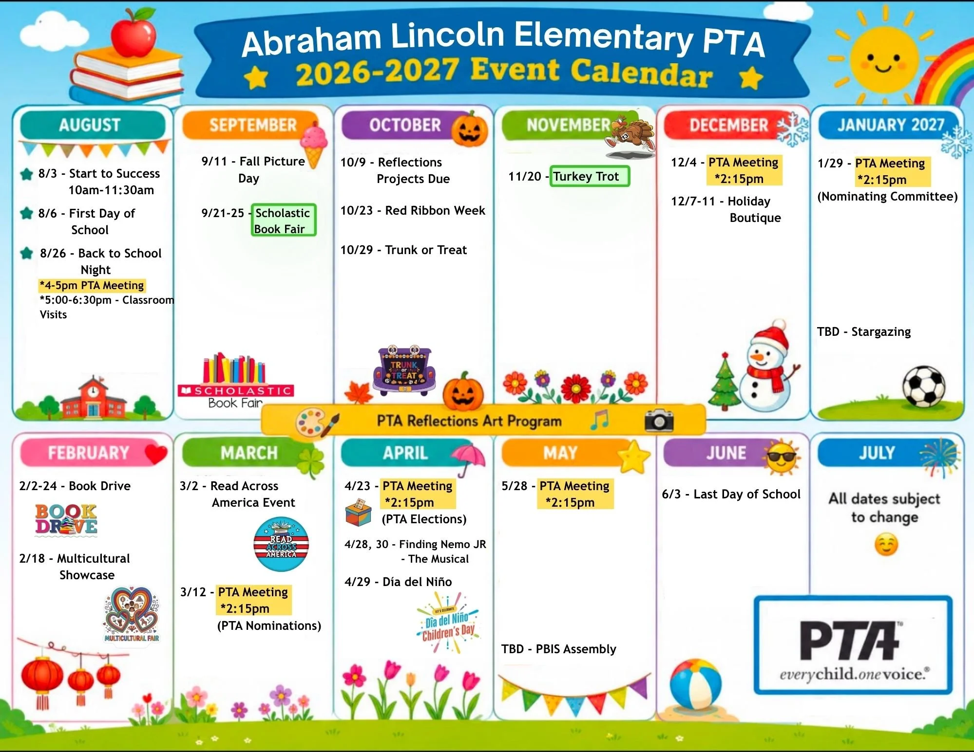 The image is a colorful event calendar for Abraham Lincoln Elementary PTA for the 2026-2027 school year. It includes monthly sections with various events and activities, such as meetings, book fairs, cultural showcases, and seasonal celebrations, all decorated with cheerful illustrations like books, pumpkins, flowers, a snowman, and sports elements.