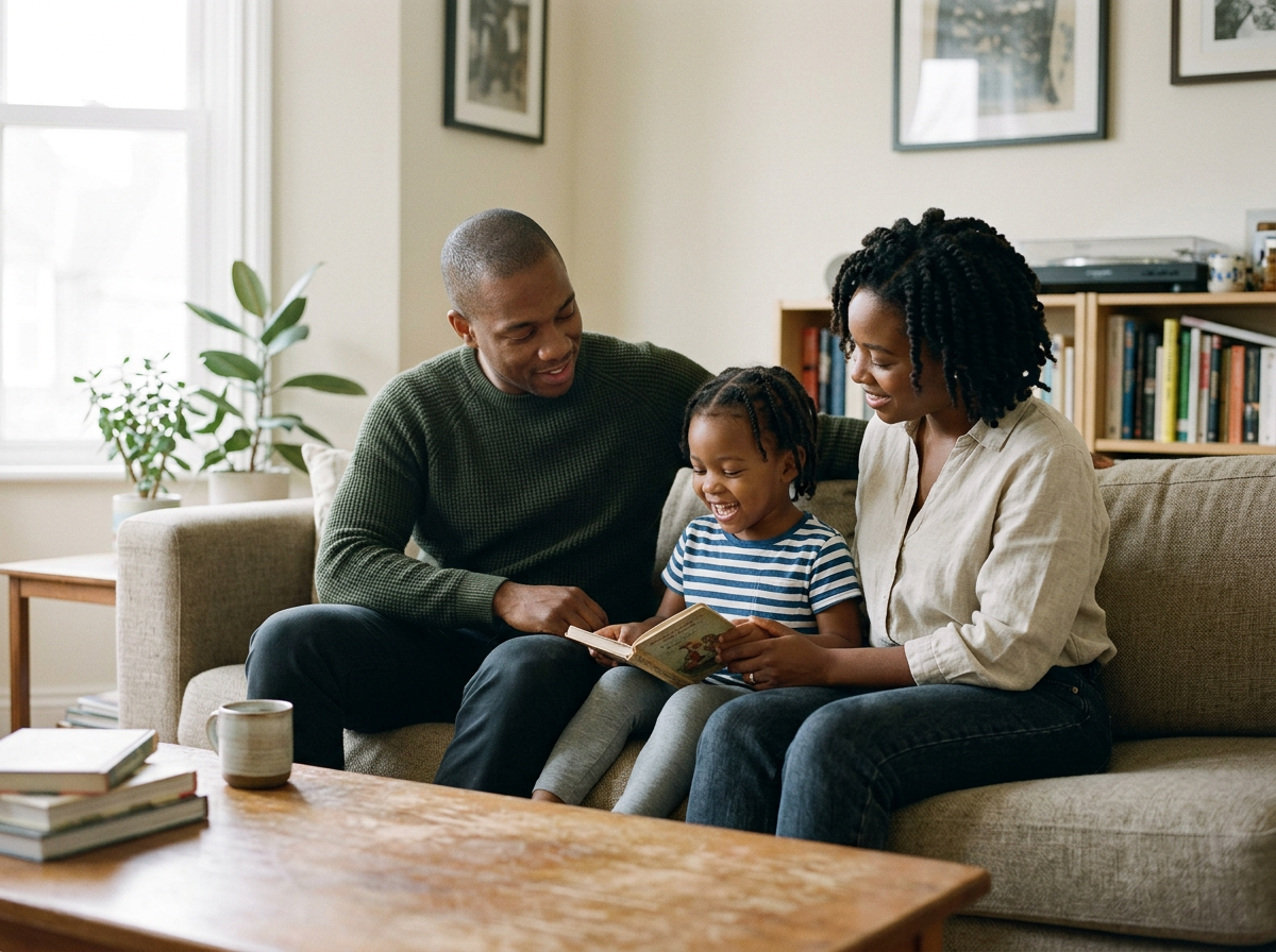 A family of three sitting on a beige couch in a living room, reading a book together. The father is wearing a green sweater, the mother is in a cream shirt, and the young girl has braided hair and is wearing a striped shirt. They are smiling and appear happy.