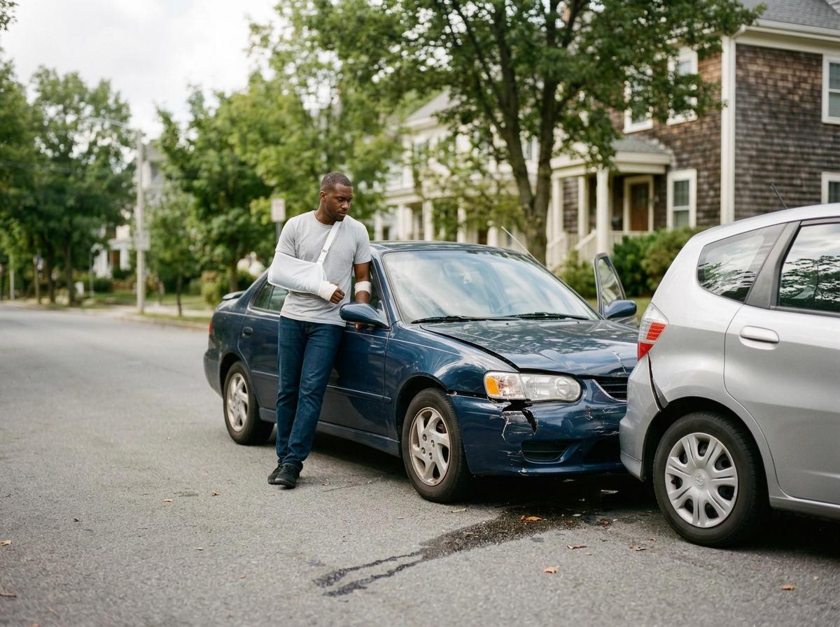 Man with a broken arm in a cast standing next to his damaged blue car after a rear-end collision with a silver car on a residential street.