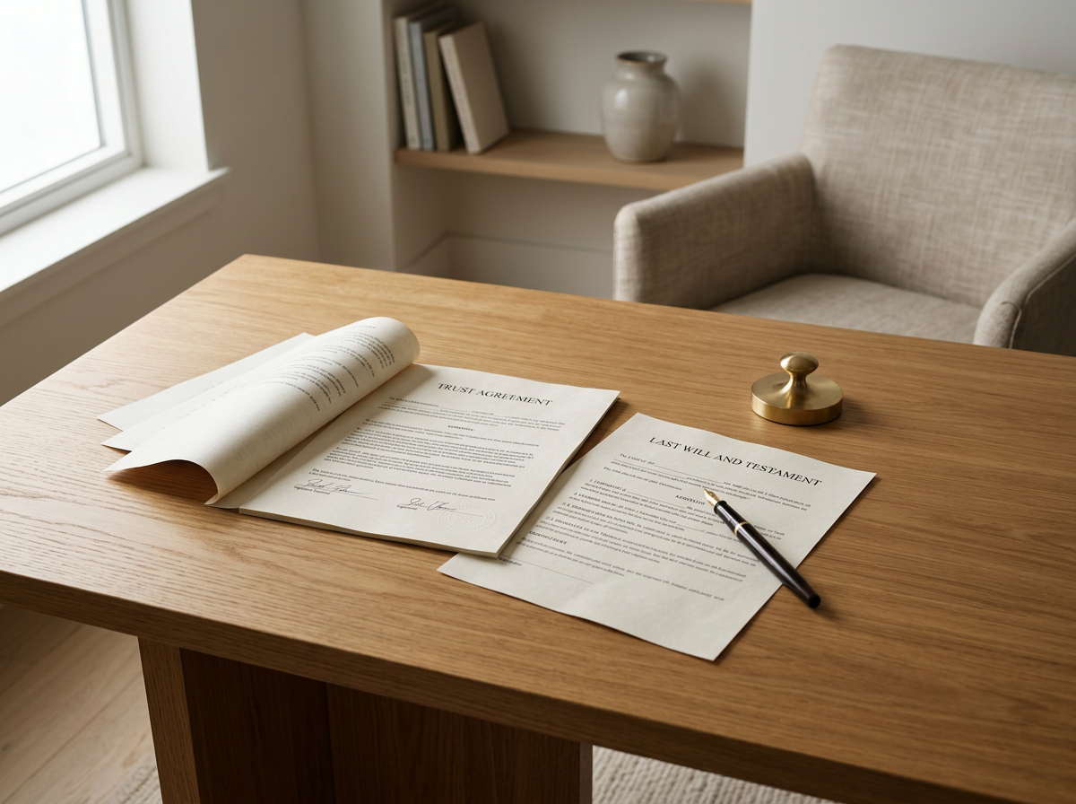 Legal documents, including a trust agreement and last will and testament, with a pen and brass stamp on a wooden desk near a window and chair.