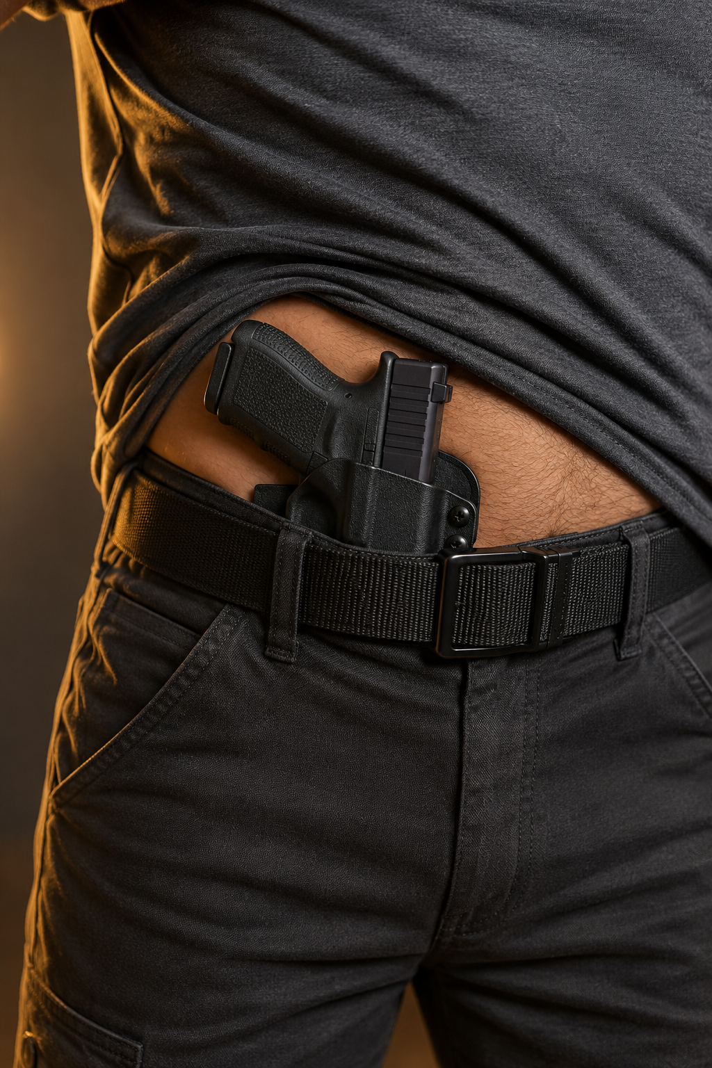 A person wearing black shirt and pants with a black belt, with a black semi-automatic pistol tucked into the waistband on the right side.