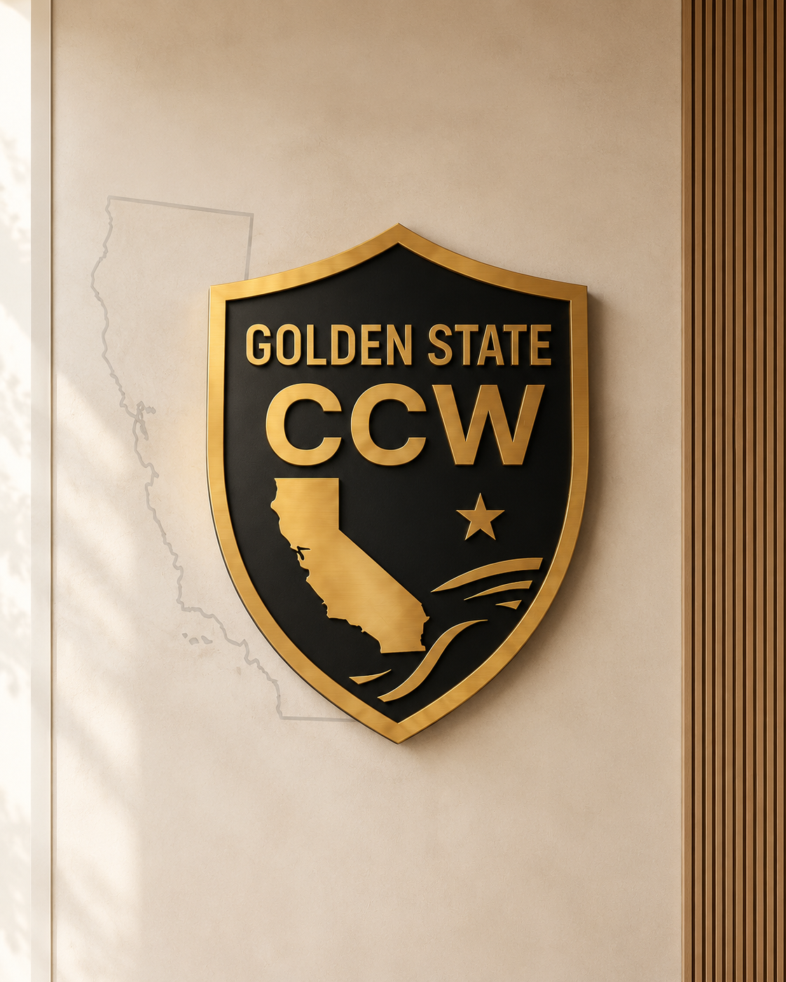 A shield-shaped sign with a black background and gold border that reads 'GOLDEN STATE CCW.' It features a gold outline of the state of California, a star, and stylized waves.
