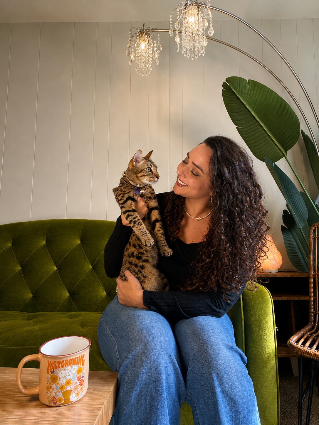 A woman with curly hair smiling and holding a Bengal cat in a cozy living room with a green velvet couch and large plant, during daytime.
