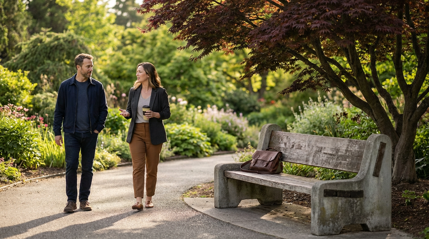 A man and woman walk and talk along a garden path in a park, surrounded by lush greenery. The woman is holding a coffee cup and gesturing with her hand. There is a weathered wooden park bench with a brown leather bag resting on it under a tree.