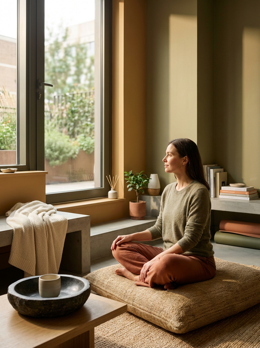 A woman practicing meditation indoors, sitting cross-legged on a cushion near a window, with potted plants, books, and decorative objects around her.