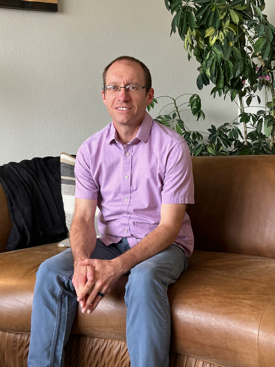 A man with glasses and short hair, wearing a purple checkered shirt and gray pants, sitting on a brown leather couch with a black jacket and patterned pillow nearby. There is a large green houseplant behind him and a white wall.