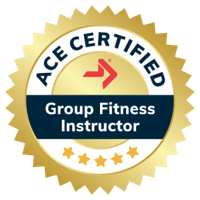 ACE Certified Group Fitness Instructor badge with gold, dark blue, and white colors, featuring a running figure and five stars.